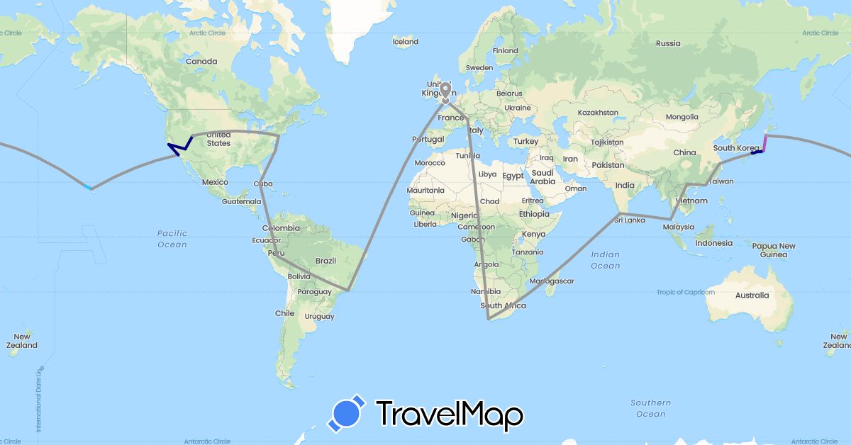 TravelMap itinerary: driving, plane, train, boat in Brazil, China, Cuba, United Kingdom, India, Italy, Japan, Peru, Thailand, United States, Vietnam, South Africa (Africa, Asia, Europe, North America, South America)